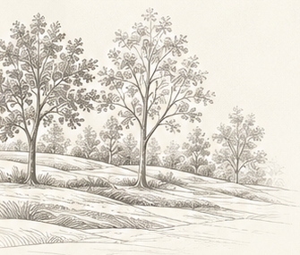 Illustrated trees and rolling golf course landscape